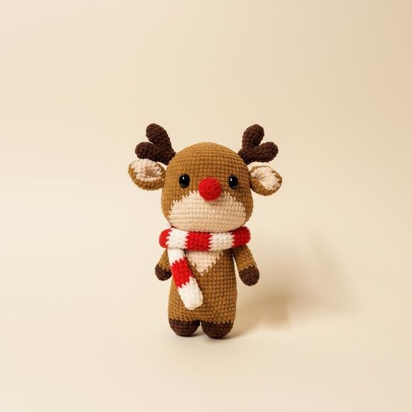 Reindeer Plush Toy with Red Nose and Scarf, Christmas Deer Doll, Holiday Gift - Picture 1 of 10